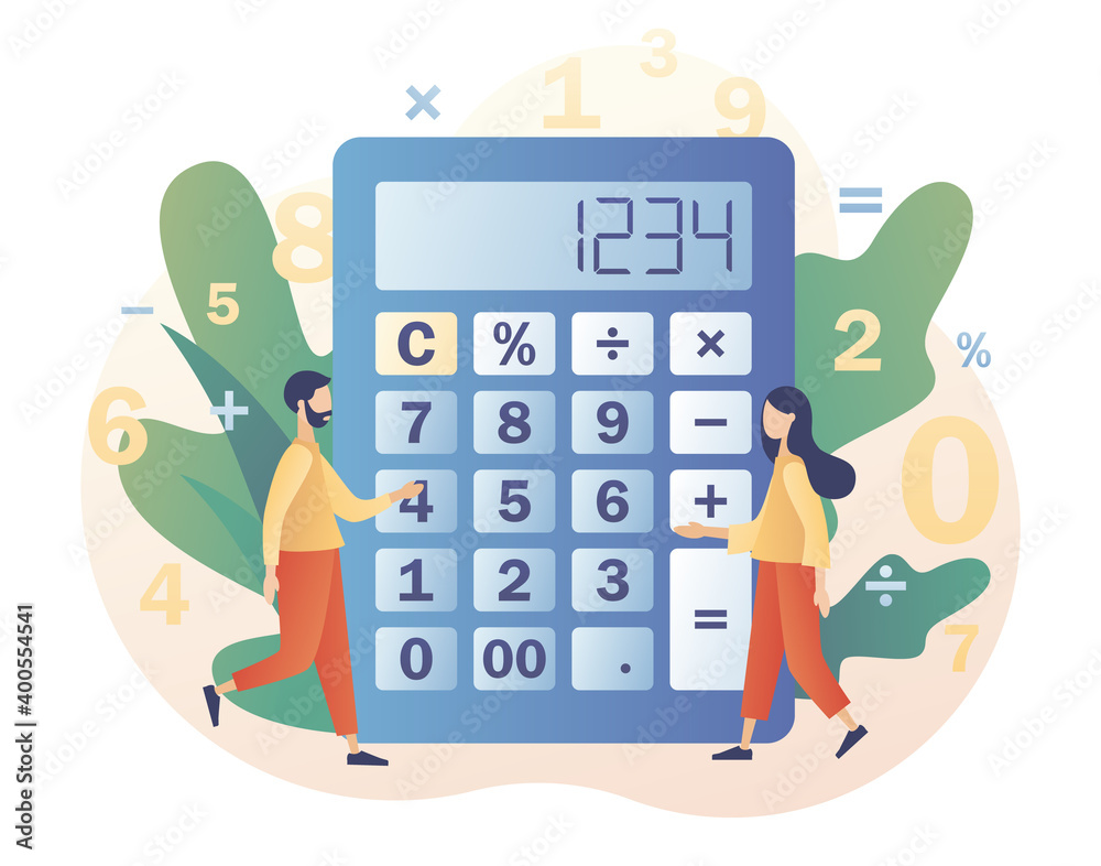 Big calculator and tiny people with calculating. Accounting, financial analytics, bookkeeping, budget calculation, audit debit and credit calculations. Modern flat cartoon style. Vector illustration Big calculator and tiny people with calculating. Accounting, financial analytics, bookkeeping, budget calculation, audit debit and credit calculations. Modern flat cartoon style. Vector illustration
