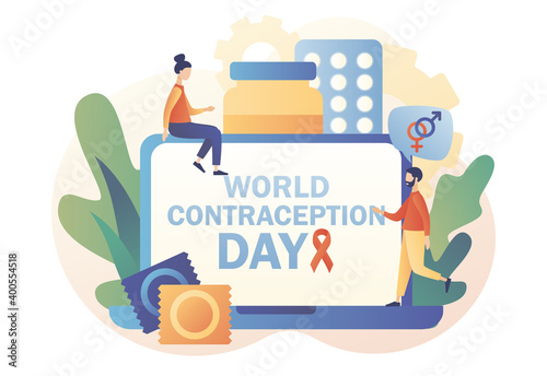 World Contraception Day - text on laptop screen. Safe sexual behavior, birth fertility control. Contraceptive methods in sexual and reproductive health. Modern flat cartoon style. Vector illustration