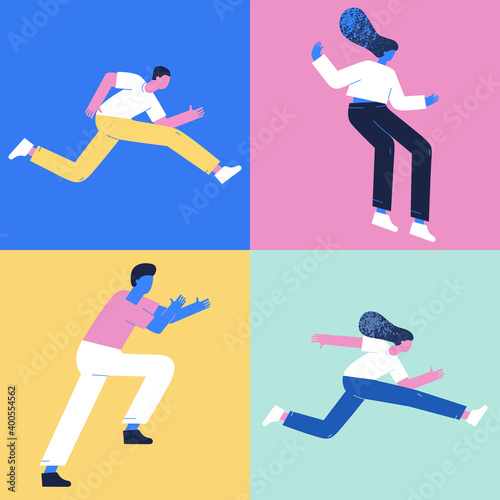 Set of illustrations of people in flat style. Random people are in space. Levitate in different positions.