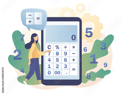 Calculator app. Tiny girl with calculating. Accounting, financial analytics, budget calculation, bookkeeping,  audit debit and credit calculations. Modern flat cartoon style. Vector illustration