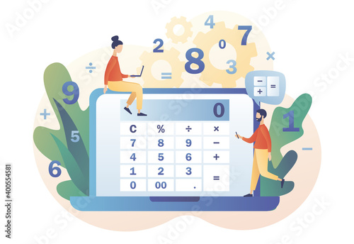 Calculator online or app. Accounting, financial analytics, bookkeeping,  budget calculation, audit debit and credit calculations. Tiny people with calculating. Modern flat cartoon style. Vector 
