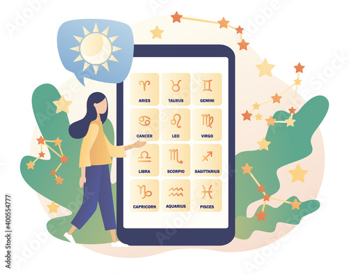 Astrological forecast in smartphone app. Astrology science concept. Zodiac, celestial coordinate system, stars and constellations. Tiny girl astrologers. Modern flat cartoon style. Vector illustration