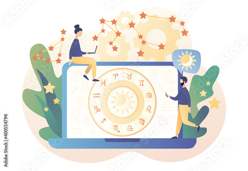 Astrology science concept. Tiny people astrologers reading natal chart online. Astrological forecast. Zodiac, celestial coordinate system, stars and constellations. Modern flat cartoon style. Vector