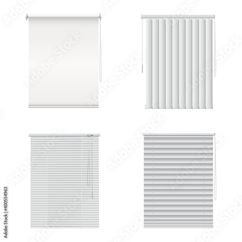 Window blinds, closed curtains, jalousie realistic empty template set. Roller shades.