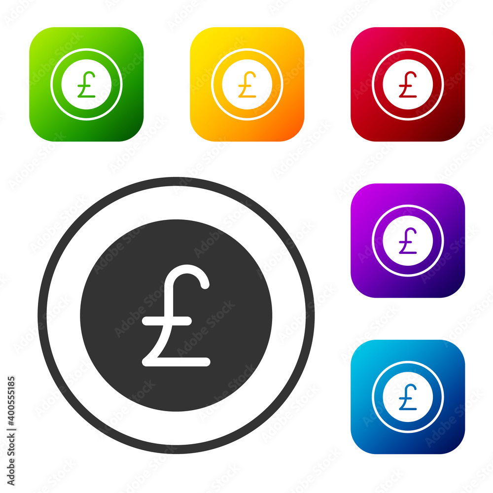 Black Coin money with pound sterling symbol icon isolated on white background. Banking currency sign. Cash symbol. Set icons in color square buttons. Vector. Black Coin money with pound sterling symbol icon isolated on white background. Banking currency sign. Cash symbol. Set icons in color square buttons. Vector.