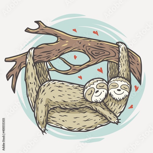 Lovers cute sloths and branch with valentine`s heart