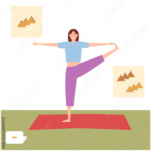 
Beautiful athletic girl works out at home online. Flat vector illustration. Home practice of Pilates exercises. Family quarantine. Healthy lifestyle. Sportswear.