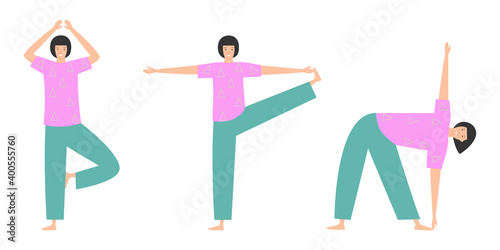 
A set of fitness exercises of a beautiful woman in sportswear. Online yoga for the home. Flat vector illustration. Sports fitness training. Healthy lifestyle during quarantine.