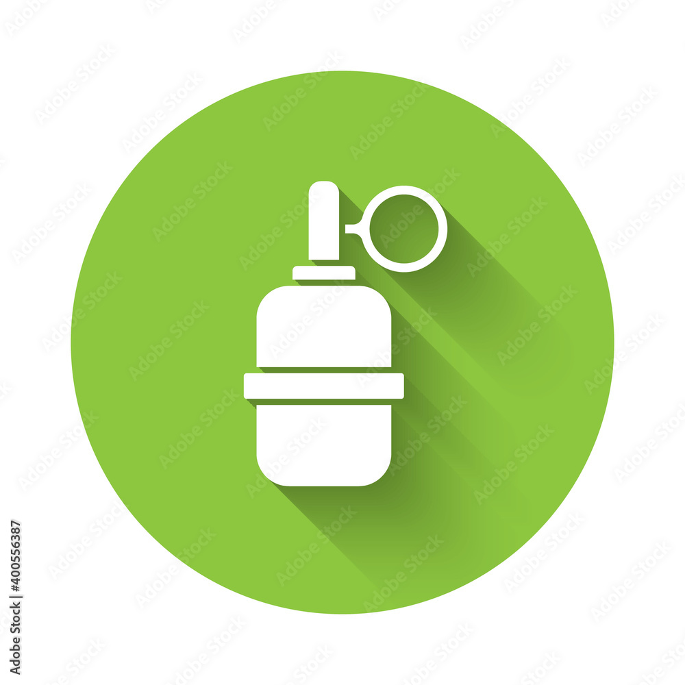 White Hand grenade icon isolated with long shadow. Bomb explosion. Green circle button. Vector. White Hand grenade icon isolated with long shadow. Bomb explosion. Green circle button. Vector.