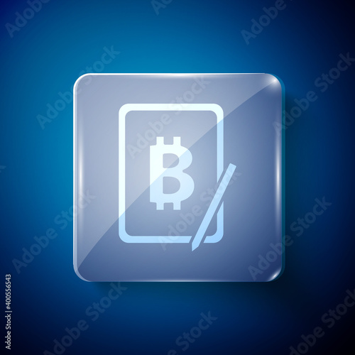 White Mining bitcoin from graphic tablet icon isolated on blue background. Cryptocurrency mining, blockchain technology service. Square glass panels. Vector.