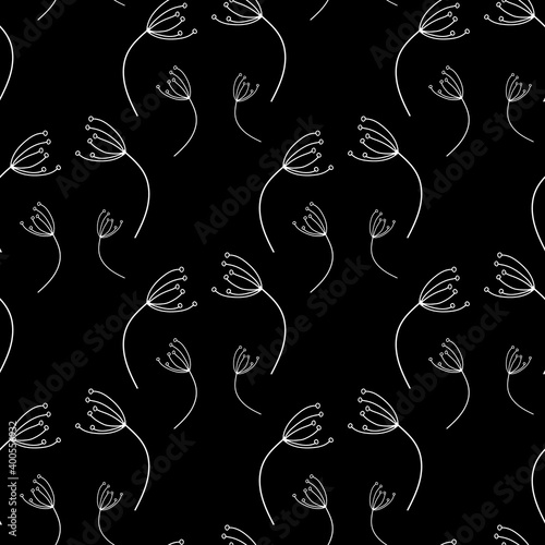 Floral pattern of dandelions. Seamless simple black background with flying dandelion eps10