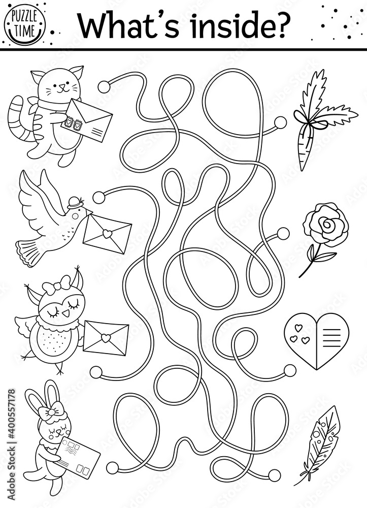 Saint Valentine day black and white maze for children. Holiday preschool printable educational activity. Funny game with cute animals. Romantic puzzle or coloring page with love theme..