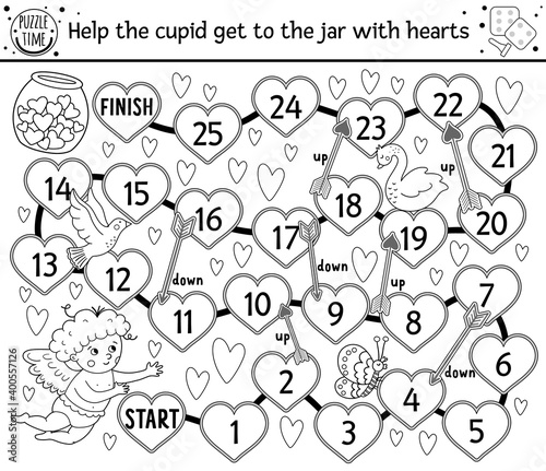Saint Valentine day black and white board game for children with cupid. Educational holiday boardgame or coloring page with cute boy, arrows, hearts. Romantic outline activity with love theme. .