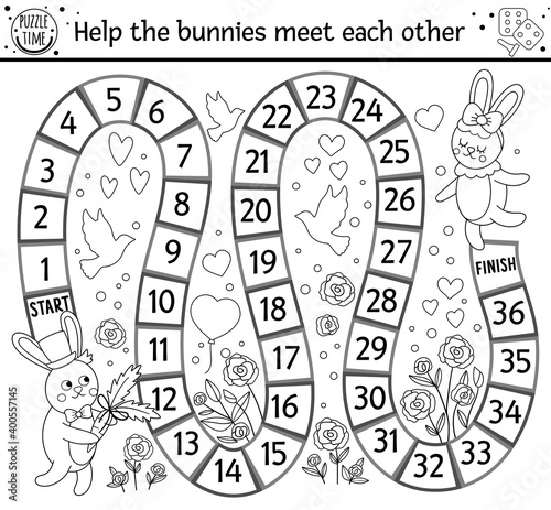Saint Valentine day black and white board game for children with bunnies. Educational holiday boardgame or coloring page with cute rabbits and flowers. Romantic activity with love theme. .