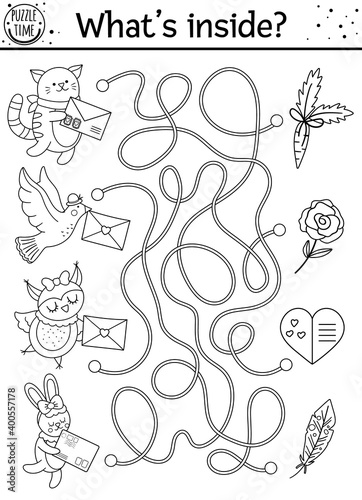 Fototapeta Naklejka Na Ścianę i Meble -  Saint Valentine day black and white maze for children. Holiday preschool printable educational activity. Funny game with cute animals. Romantic puzzle or coloring page with love theme..