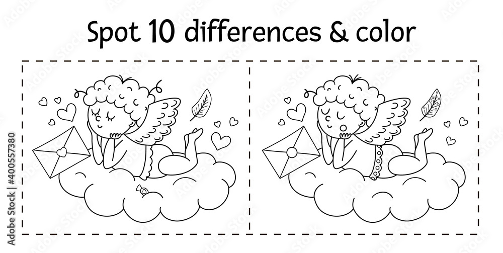 Saint Valentine day find differences game for children. Holiday black and white educational activity and coloring page with funny cupid lying on the cloud. Printable worksheet with cute character. .