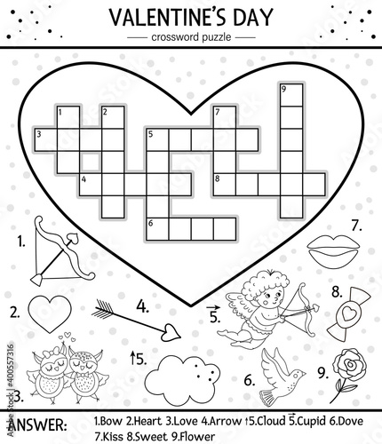 Vector Saint Valentine day black and white crossword puzzle for kids. Simple heart shaped quiz with holiday objects or coloring page. Educational activity with traditional elements and love theme.