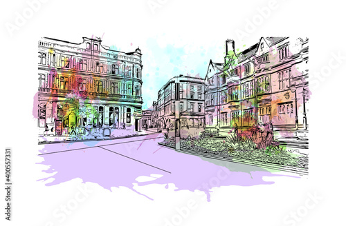 Building view with landmark of Coventry is a city in central England. Watercolour splash with hand drawn sketch illustration in vector.