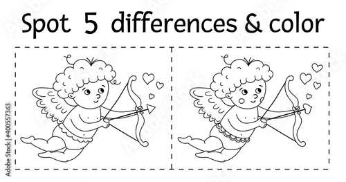 Saint Valentine day find differences game for children. Holiday black and white educational activity and coloring page with funny cupid with bow and arrow. Printable worksheet with cute character. .