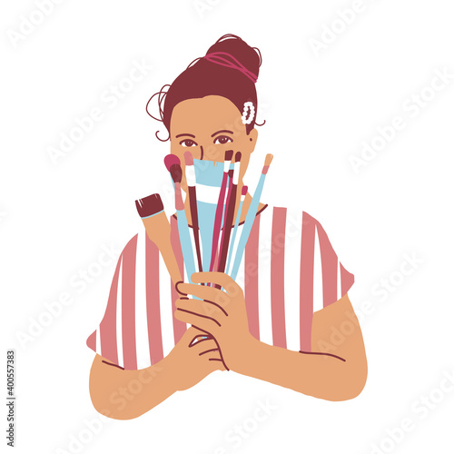 Woman artist draw flat vector illustration. Character female paint image isolated on white. Creative girl holds in hands painting brushes. Serious neutral female artist. 