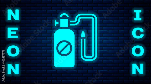 Glowing neon Pressure sprayer for extermination of insects icon isolated on brick wall background. Pest control service. Disinfectant sprayer. Vector.
