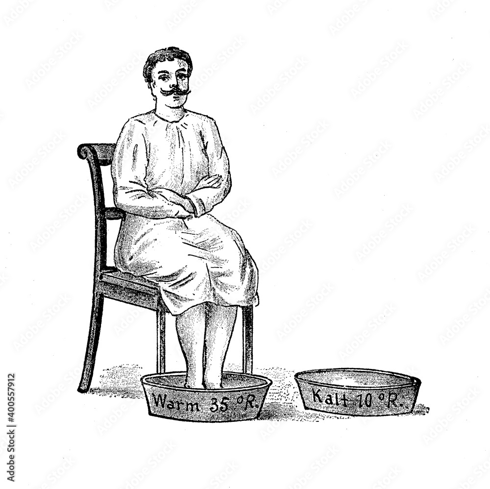 Contrast bath therapy man taking a foot bath alternating hot and cold