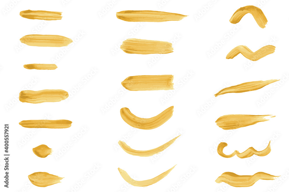 Set of gold brush paint stroke. Acrylic paint. Vector golden paint strokes, stain set. Abstract golden sparkling textured art illustration. Stock vector illustration. 