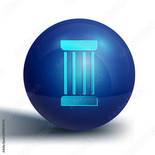 Blue Ancient column icon isolated on white background. Blue circle button. Vector.