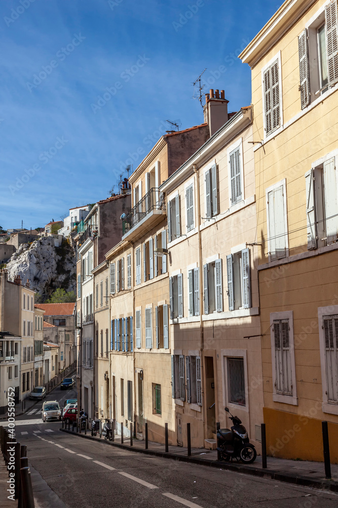 old historic houses at the hillside of Marseilles, France without people