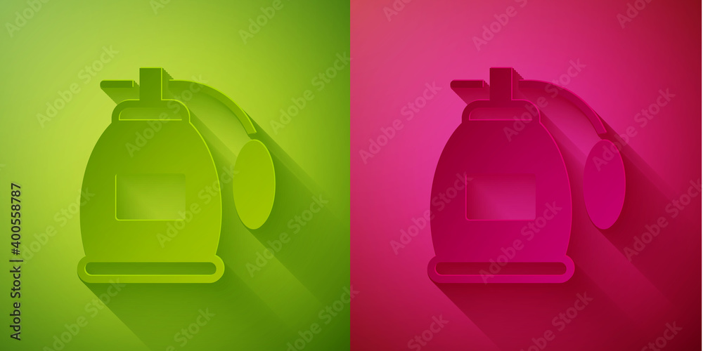 Paper cut Perfume icon isolated on green and pink background. Paper art style. Vector. Paper cut Perfume icon isolated on green and pink background. Paper art style. Vector.