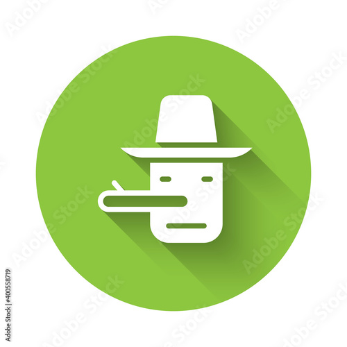 White Pinocchio icon isolated with long shadow. Green circle button. Vector.