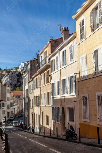 old historic houses at the hillside of Marseilles, France without people