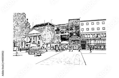 Building view with landmark of Coventry is a city in central England. Hand drawn sketch illustration in vector.