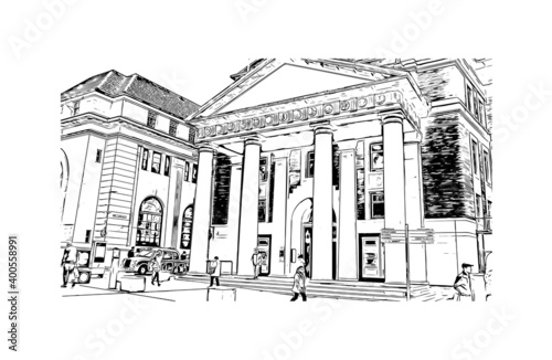Building view with landmark of Coventry is a city in central England. Hand drawn sketch illustration in vector.