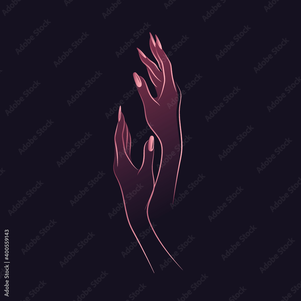 Nails art salon vector logo.Illustration of Afro American woman hands with elegant, beautiful manicure.Cosmetics, beauty, spa and style icon isolated on dark background.Shiny pink nail polish. Nails art salon vector logo.Illustration of Afro American woman hands with elegant, beautiful manicure.Cosmetics, beauty, spa and style icon isolated on dark background.Shiny pink nail polish.