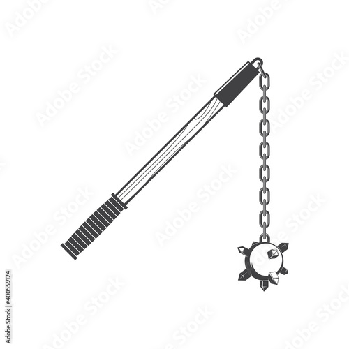 Flail with spiked ball isolated on the white background. Vector. Knight equipment icon, flail with spiked ball silhouette.