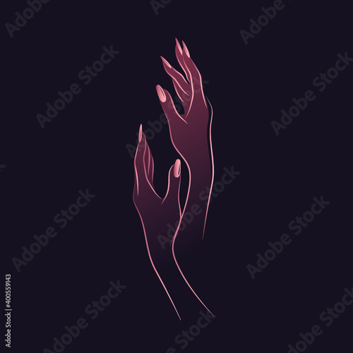 Nails art salon vector logo.Illustration of Afro American woman hands with elegant, beautiful manicure.Cosmetics, beauty, spa and style icon isolated on dark background.Shiny pink nail polish.