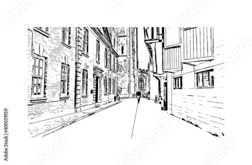 Building view with landmark of Coventry is a city in central England. Hand drawn sketch illustration in vector.