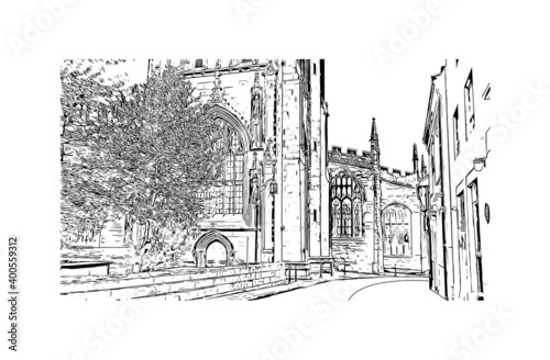 Building view with landmark of Coventry is a city in central England. Hand drawn sketch illustration in vector.