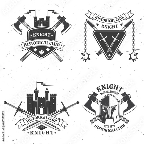 Set of knight historical club badge design. Vector Concept for shirt, print, stamp, overlay or template. Vintage typography design with battle axe, knight helmet, swords castle silhouette