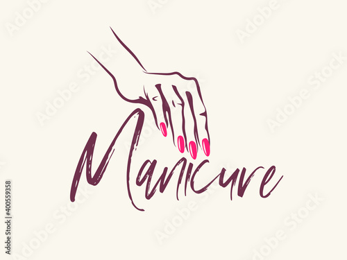 Nails art salon vector logo.Illustration of woman hand with elegant, beautiful manicure.Cosmetics, beauty, spa and style icon isolated on light background.Red nail polish.