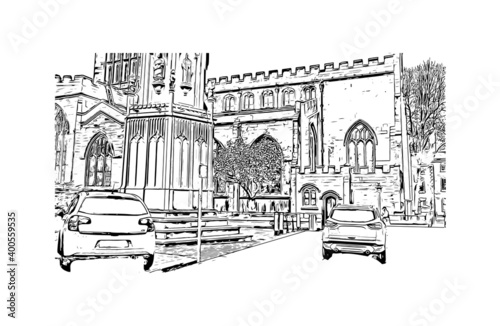 Building view with landmark of Coventry is a city in central England. Hand drawn sketch illustration in vector.