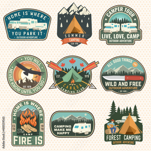 Set of rv camping badges, patches. Vector. Concept for shirt or logo, print, stamp or tee. Vintage typography design with RV Motorhome, camping trailer silhouette.
