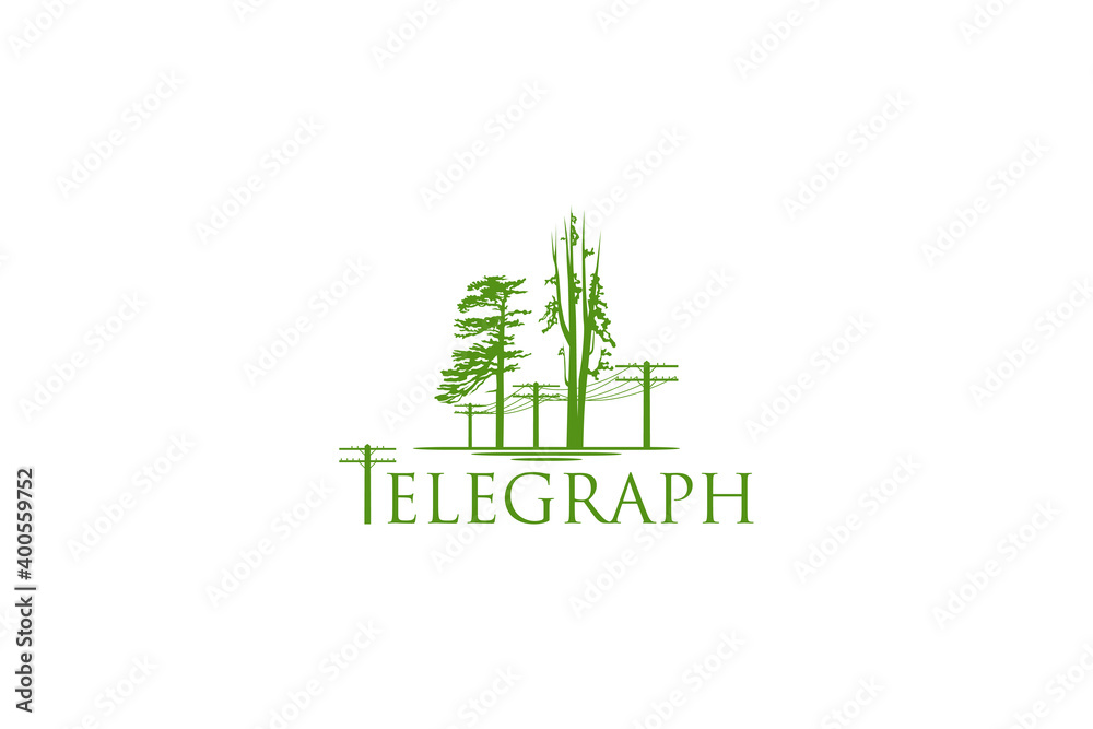 Telegraph pole symbol, power pole with tree outdoor logo icon, landscape silhouette. electric tower.