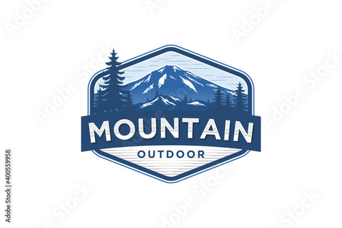 Mountain logo outdoor emblem circle - adventure wildlife pine tree forest design, hiking exploration nature, camping basecamp campfire alpine himalaya.