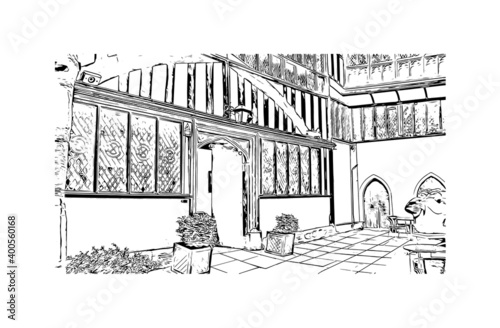 Building view with landmark of Coventry is a city in central England. Hand drawn sketch illustration in vector.