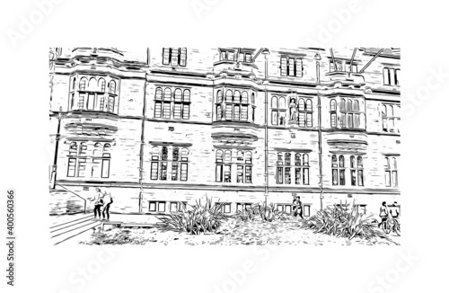 Building view with landmark of Coventry is a city in central England. Hand drawn sketch illustration in vector.