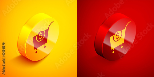 Isometric Shopping cart and dollar symbol icon isolated on orange and red background. Online buying concept. Delivery service. Supermarket basket. Circle button. Vector.
