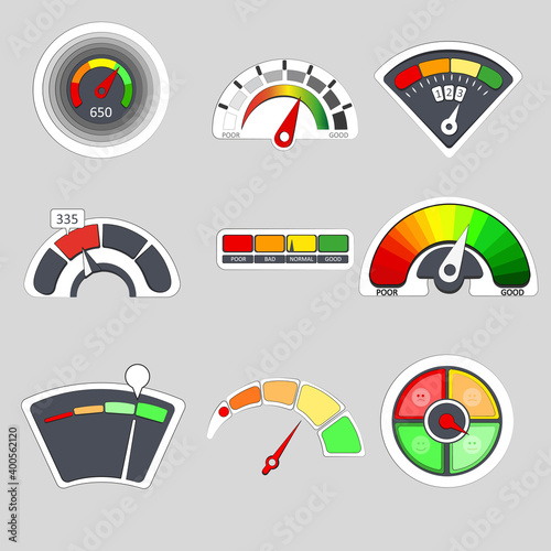 Meter score, credit scale gauge, level measure colored indicator. Vector indicate level, credit satisfaction