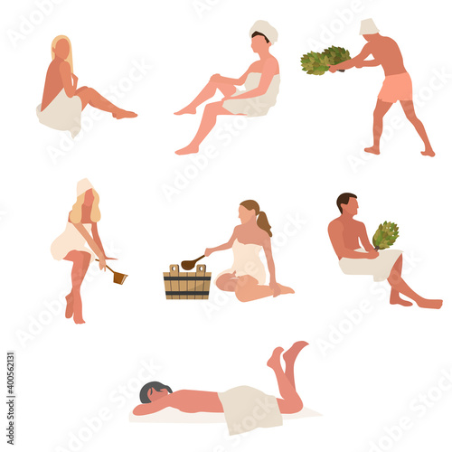 Man woman in bath towel in steam room, various poses